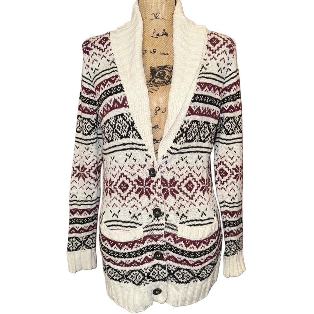 Forever 21 Cream Tunic Length Fair Isle Knit Cardigan Size S
